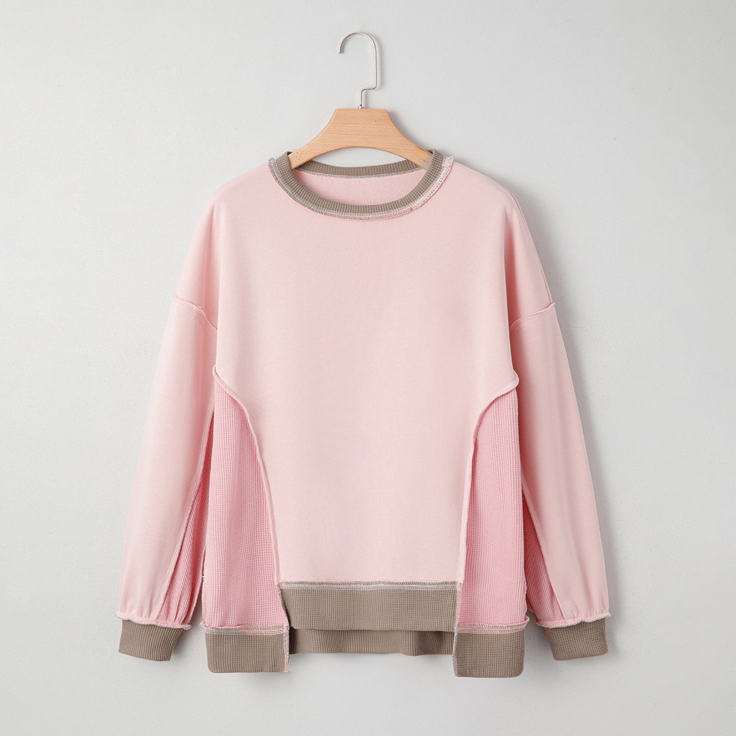 Light pink color block mix texture waffle patchwork oversized sweatshirt by Modern Grace, featuring a cozy, stylish design.