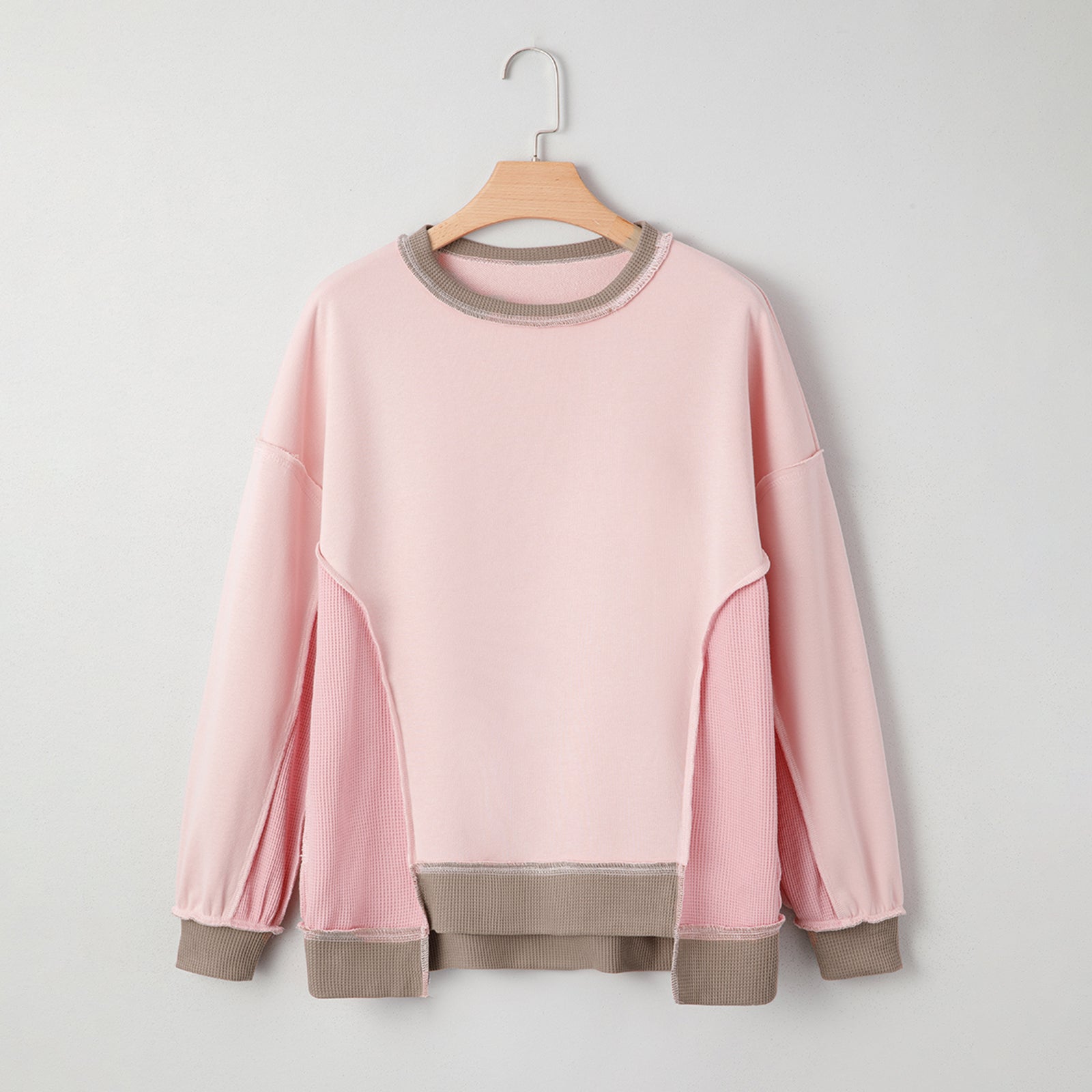 Light pink color block mix texture waffle patchwork oversized sweatshirt by Modern Grace, featuring a cozy, stylish design.