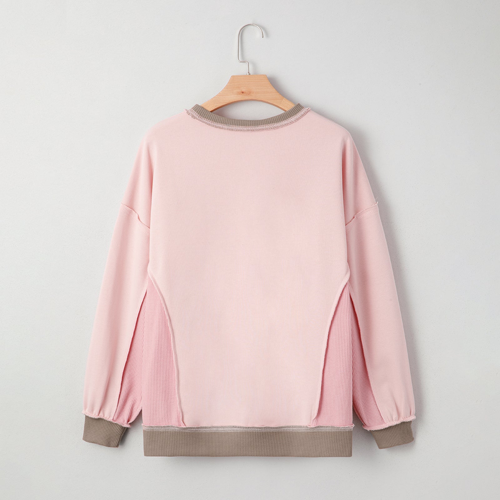 Light pink color block mix texture waffle patchwork oversized sweatshirt by Modern Grace, featuring a cozy, stylish design.