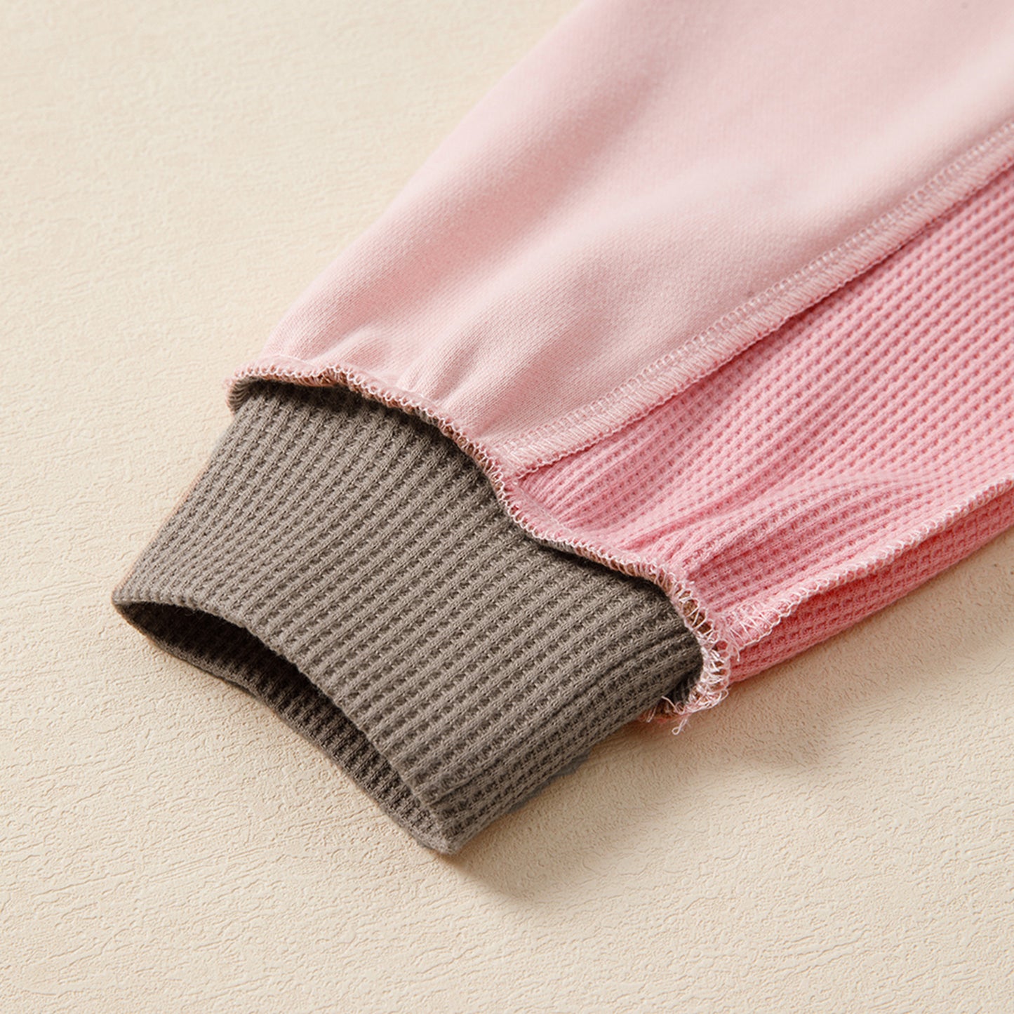 Light pink color block mix texture waffle patchwork oversized sweatshirt by Modern Grace, featuring a cozy, stylish design with textured fabric.