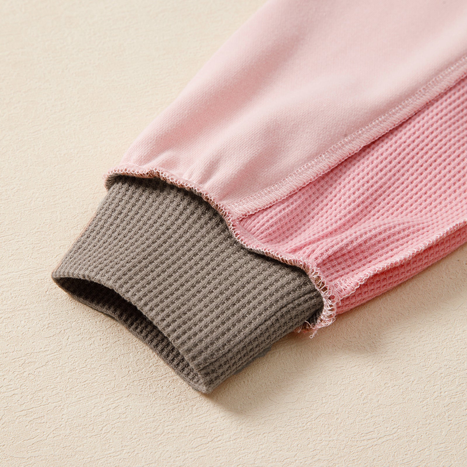 Light pink color block mix texture waffle patchwork oversized sweatshirt by Modern Grace, featuring a cozy, stylish design with textured fabric.