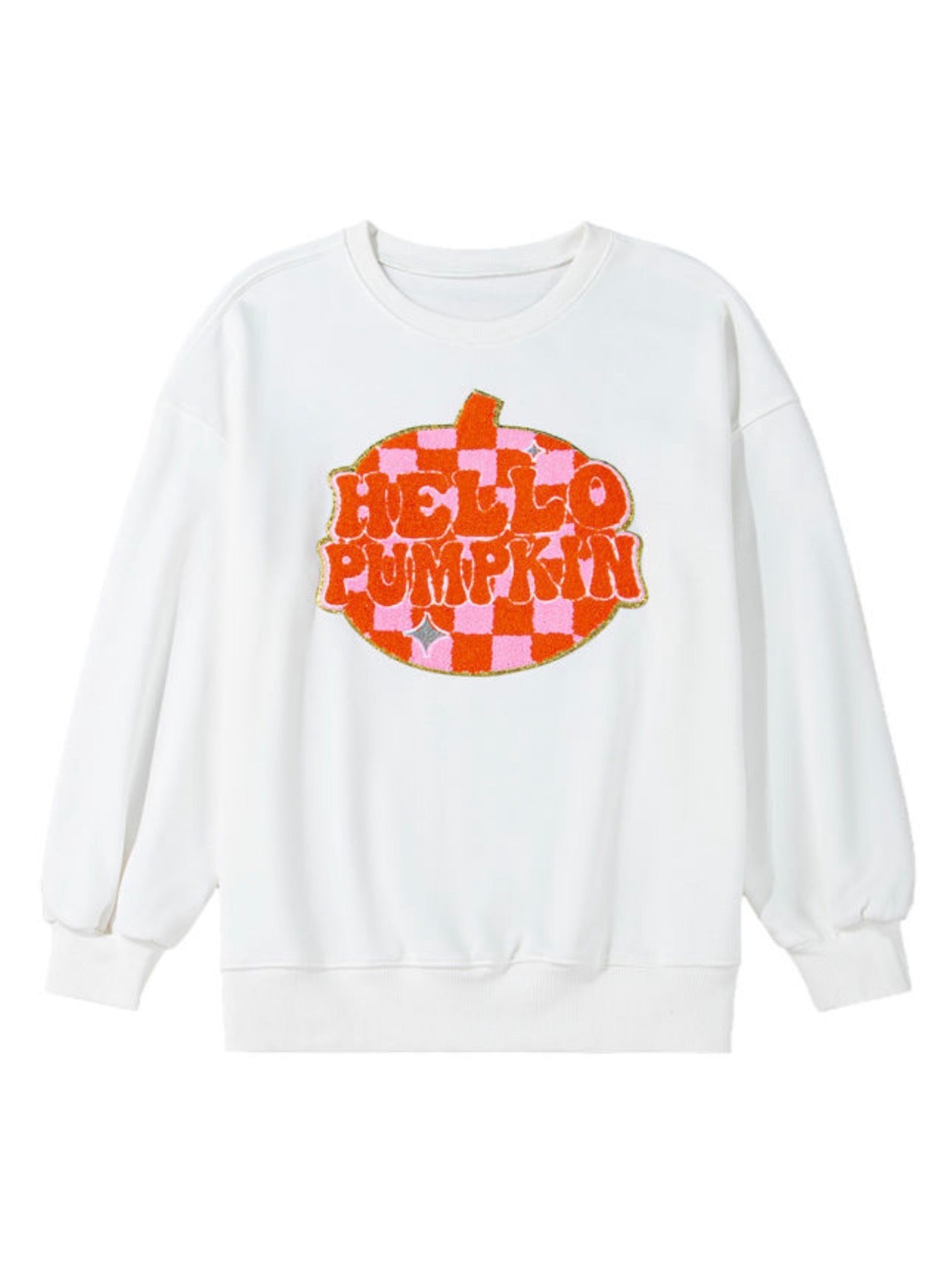 Modern Grace Hello Pumpkin checkered sweatshirt featuring a cozy, stylish design with a vibrant pumpkin pattern on soft fabric.