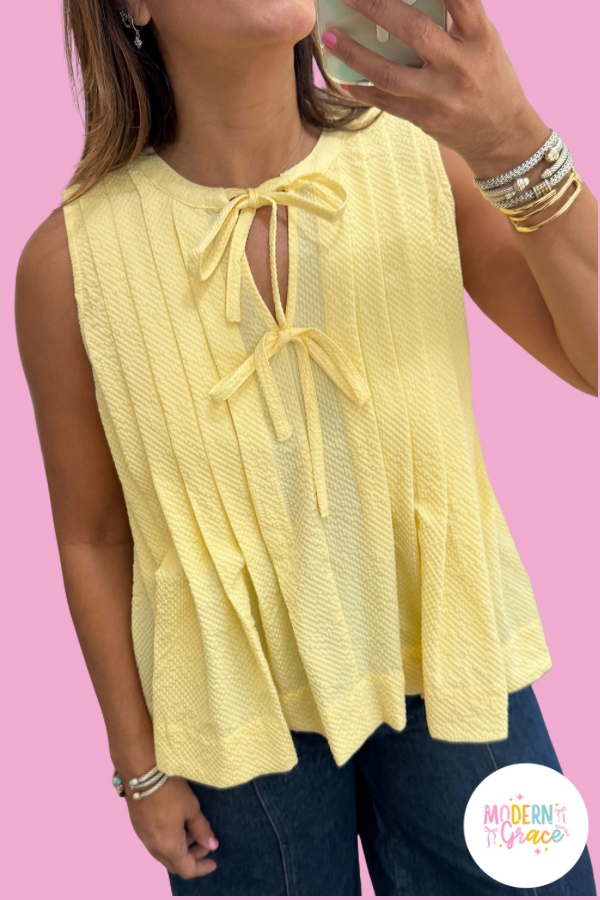 Yellow Cream Bow Tie Notched Neck Pleated Tank Top