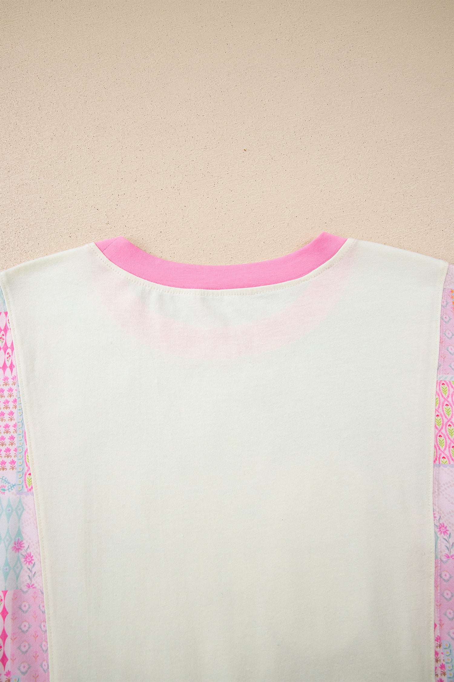 Beige color block floral patchwork relaxed top by Modern Grace with big flower accent, made of polyester, cotton, elastane, casual fit.
