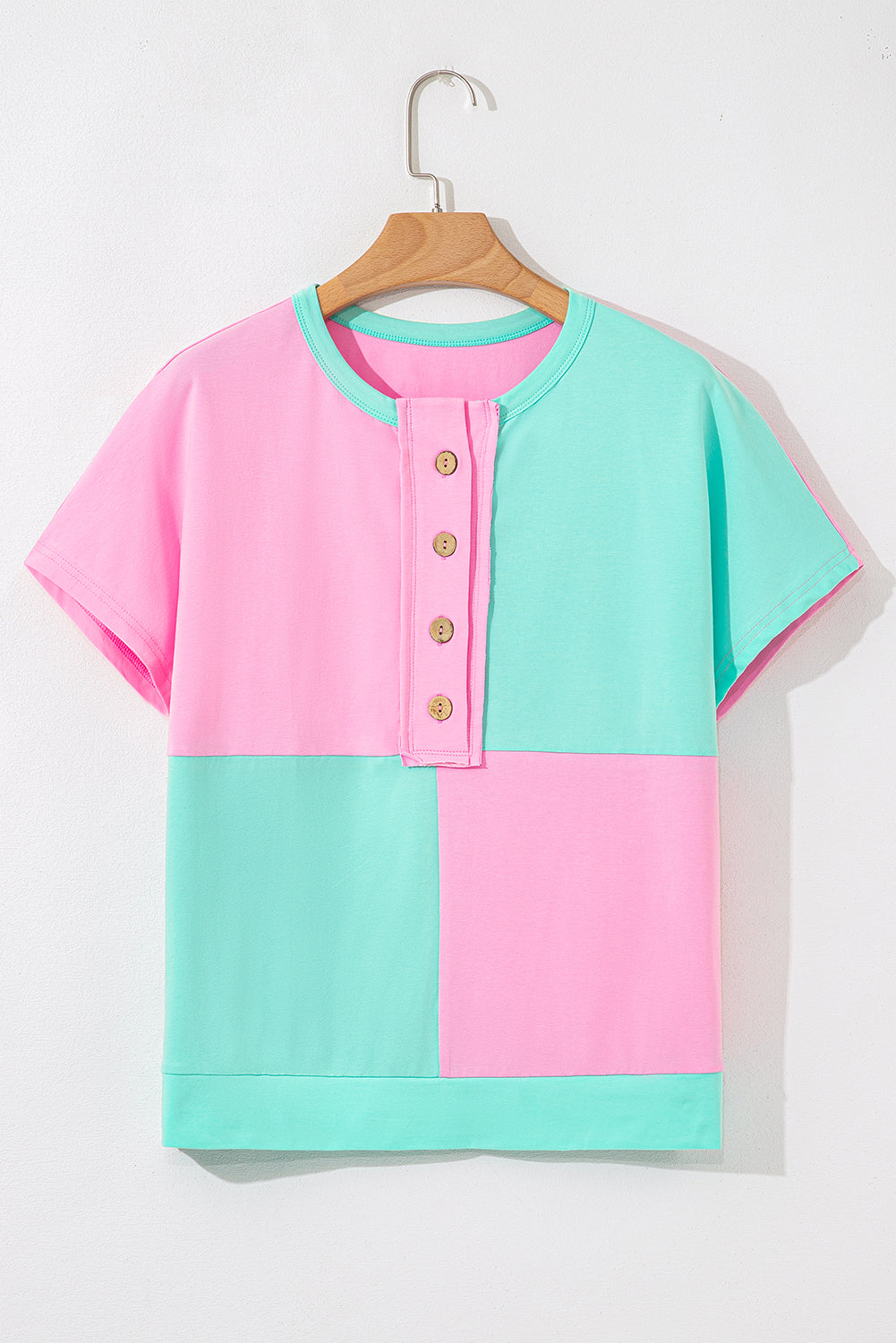 Mint green two-tone half-button collared T-shirt from Modern Grace, featuring a fitted design and short sleeves.
