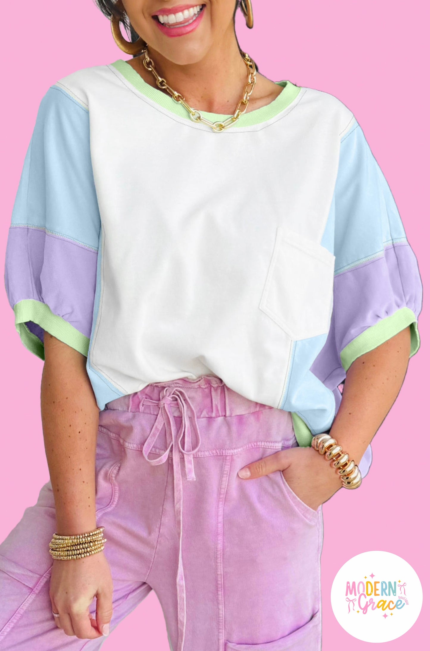 White color block patchwork oversized T-shirt by Modern Grace featuring half sleeves and a relaxed fit.