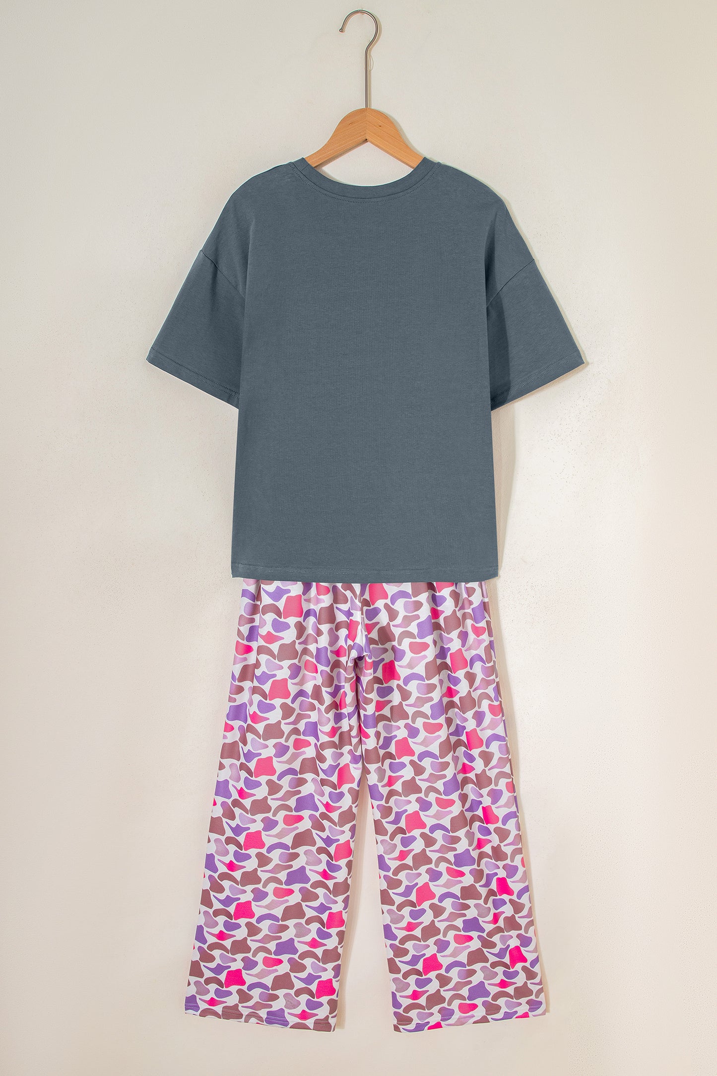 Medium grey MAMA letter graphic tee and camouflage print loose pant set by Modern Grace, two-piece casual ensemble.