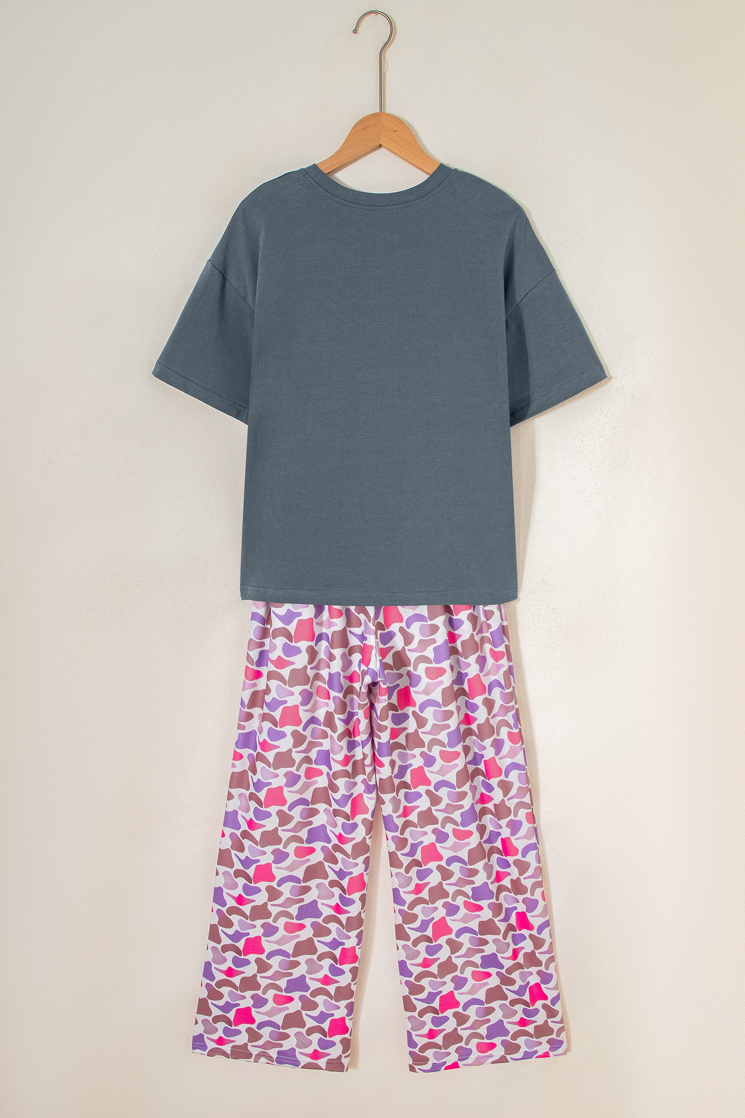 Medium grey MAMA letter graphic tee and camouflage print loose pant set by Modern Grace, two-piece casual ensemble.