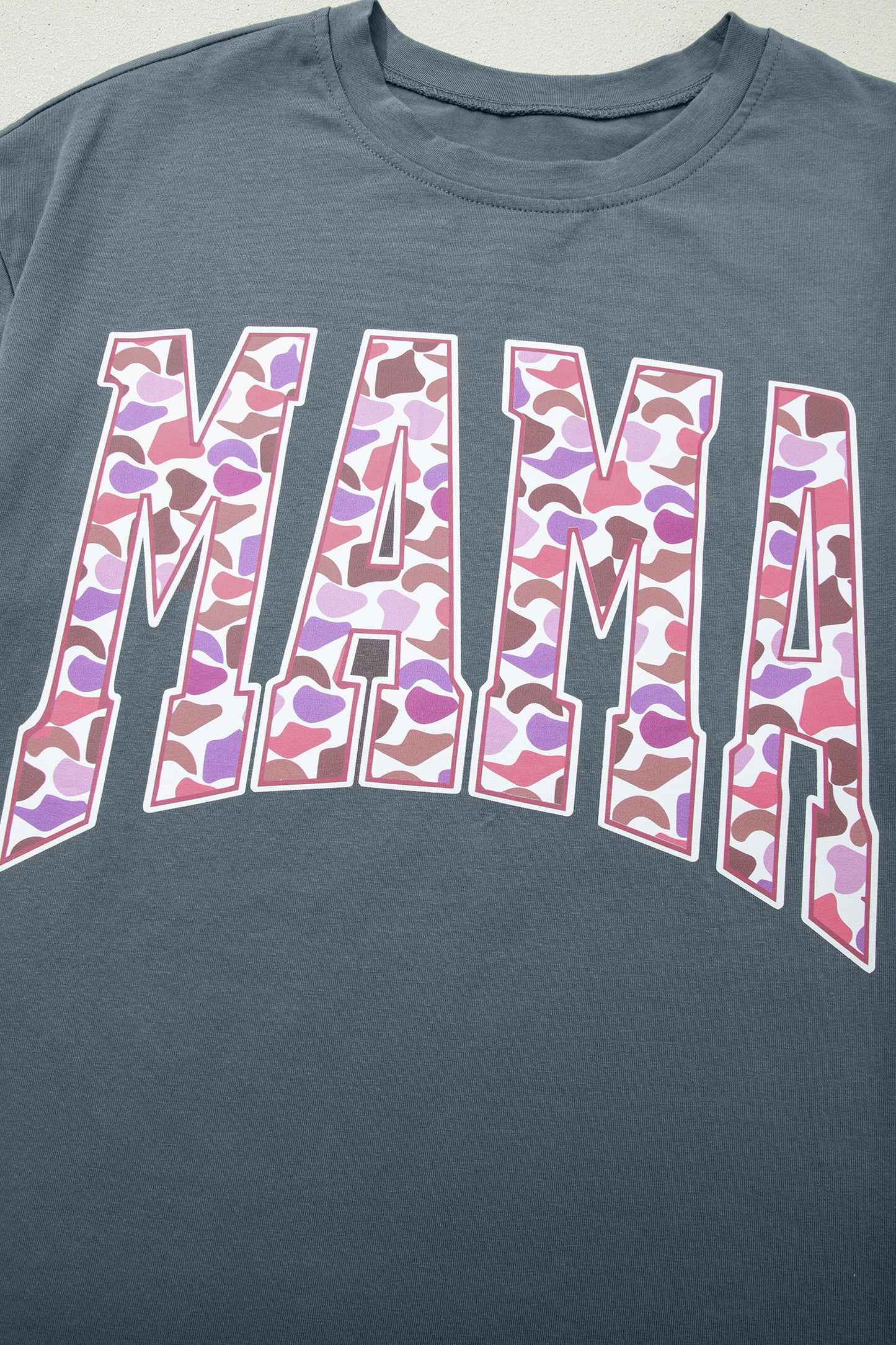 Medium grey Mama letter graphic tee and camouflage print loose pant set by Modern Grace, two-piece casual outfit for women.