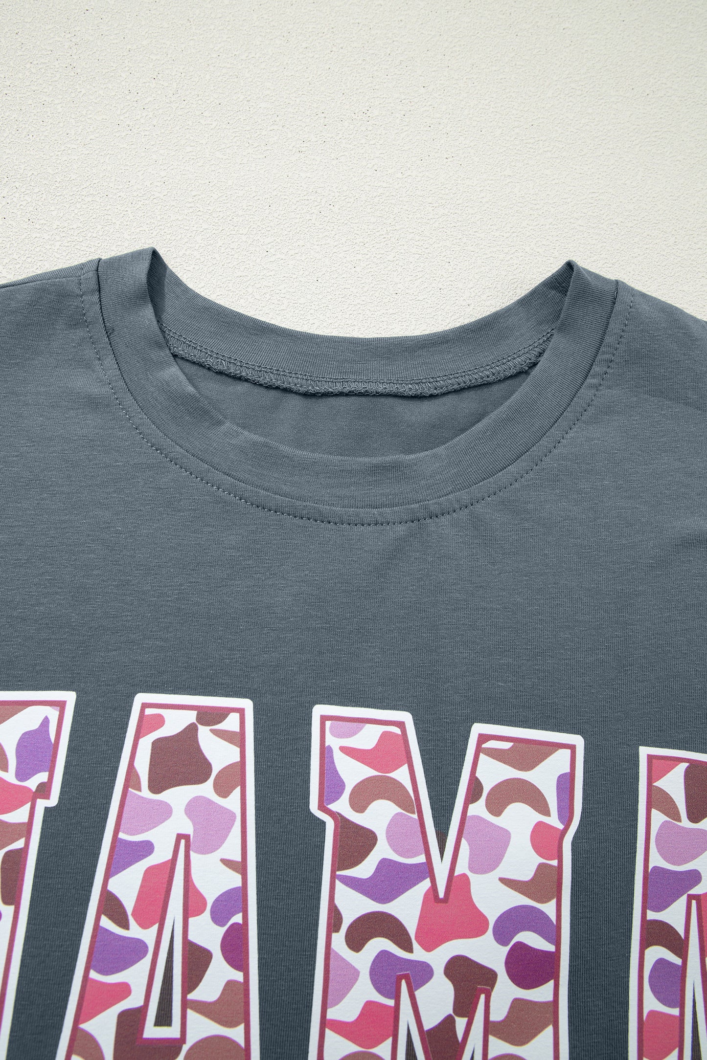 Medium grey Mama letter graphic tee and camouflage print loose pant set by Modern Grace, two-piece casual wear for women.