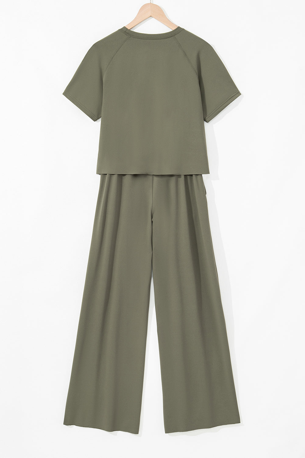Modern Grace Seagrass raw hem loose tee and wide-leg pants set, two-piece style, casual and comfortable for relaxed wear.