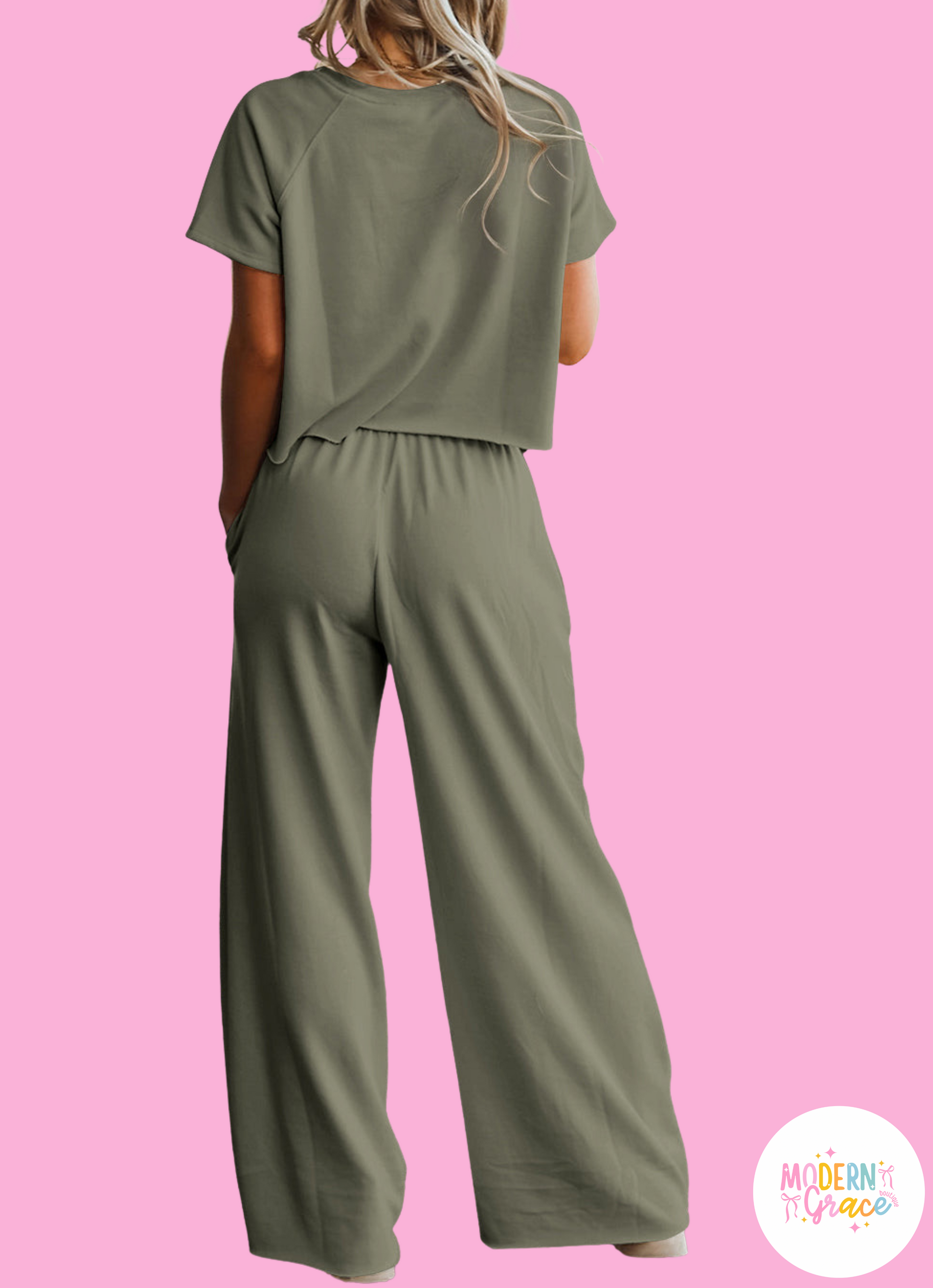 Modern Grace Seagrass raw hem loose tee and wide-leg pants set, two-piece casual outfit with relaxed fit and natural fabric appearance.