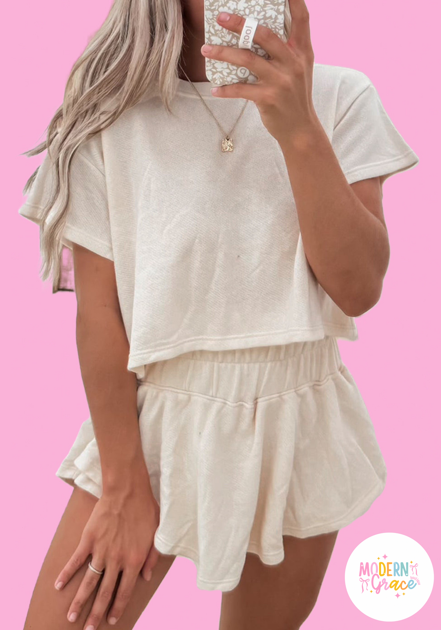 Beige cropped tee and high-waist skort set by Modern Grace, casual two-piece short set for women, online exclusive.