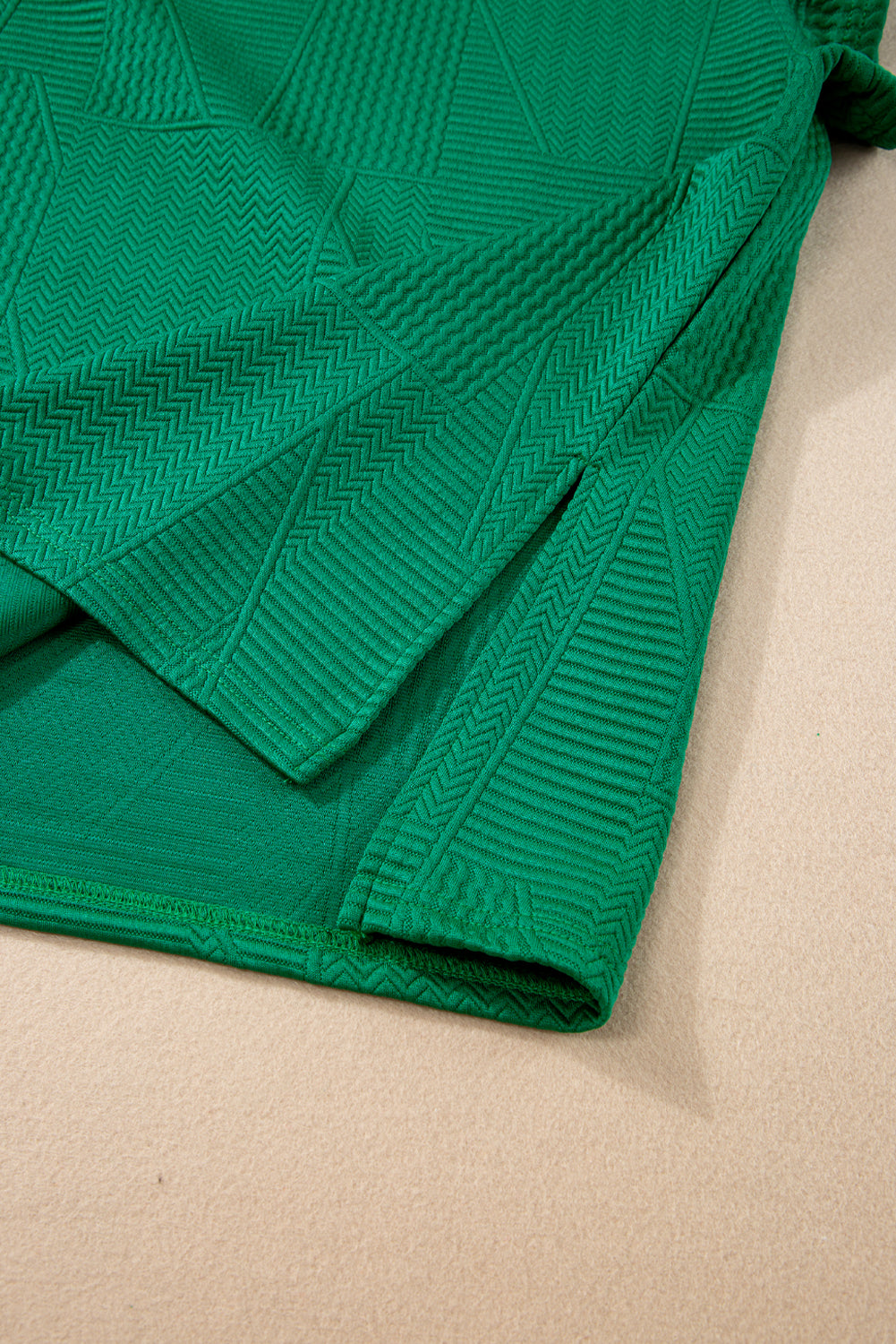 Dark green textured ruffle split top with drawstring shorts, Modern Grace two-piece set, casual summer outfit, warehouse exclusive.