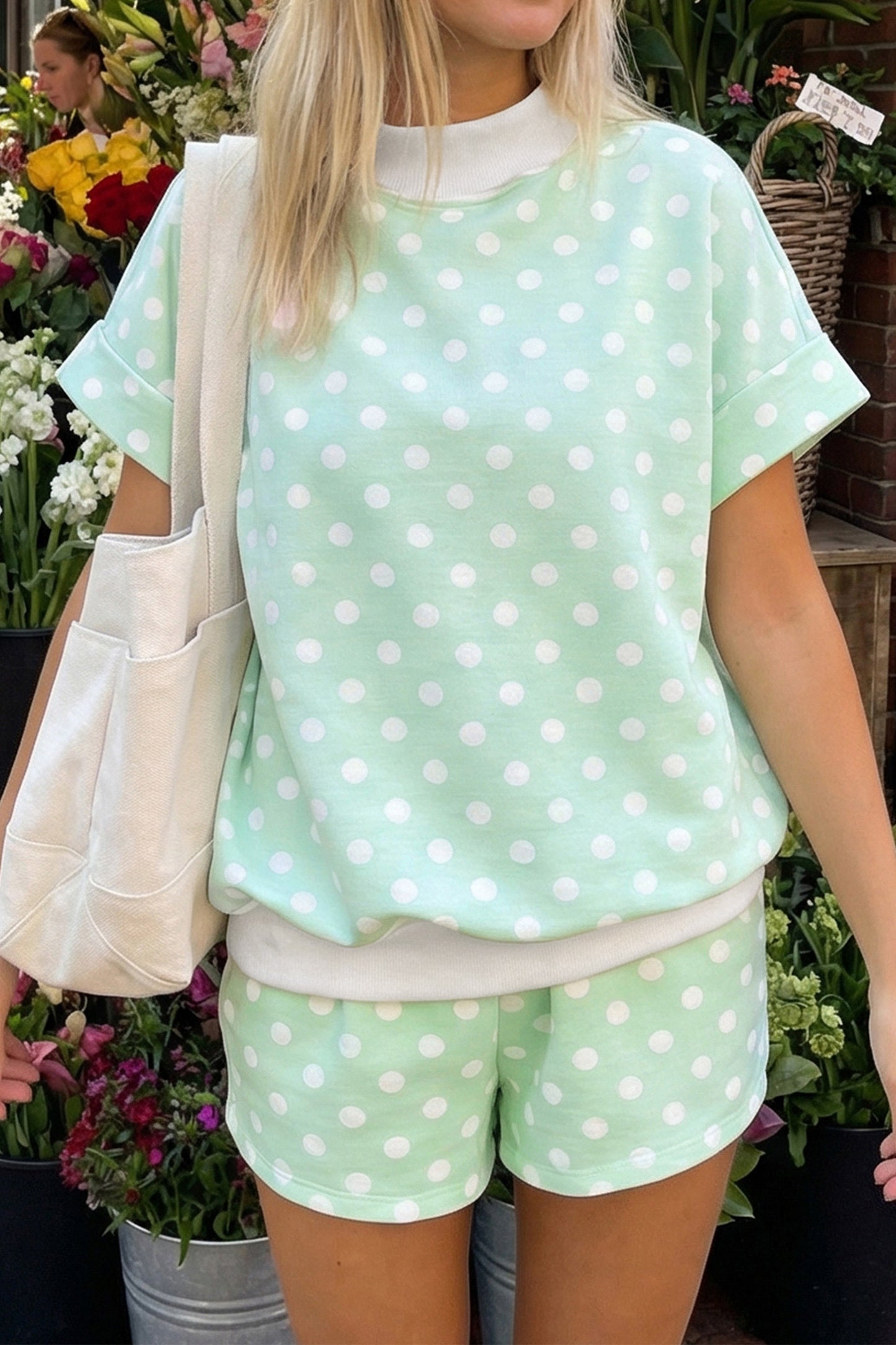 Polka Dot Print Color Block Trim Mock Neck Short Set