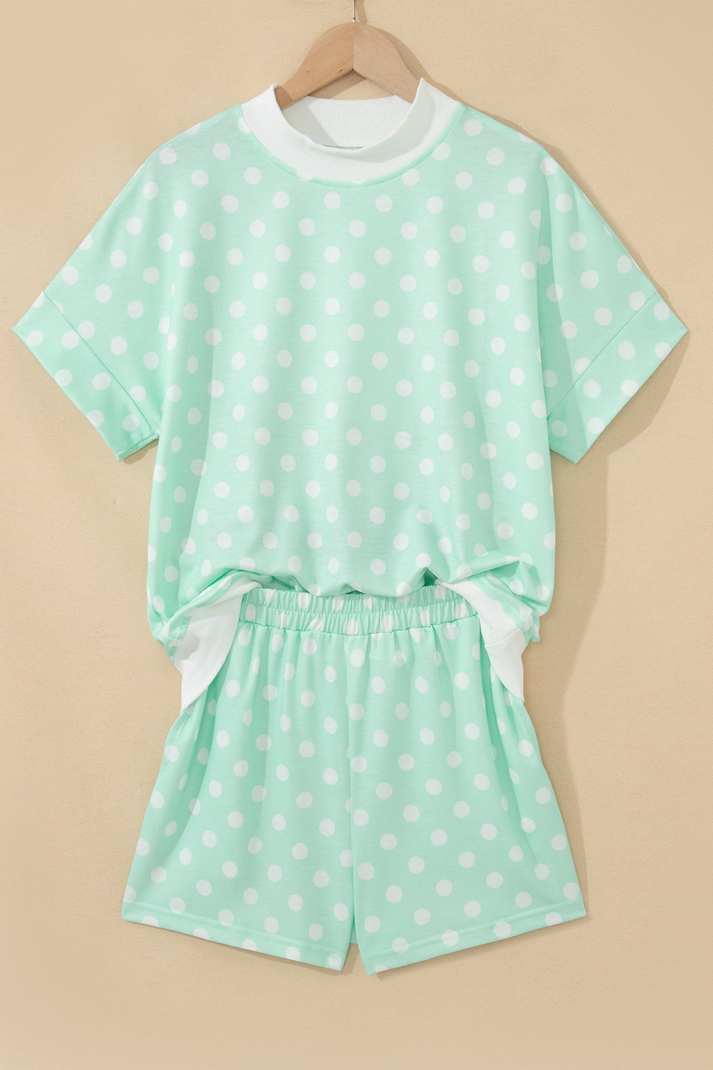 Polka Dot Print Color Block Trim Mock Neck Short Set