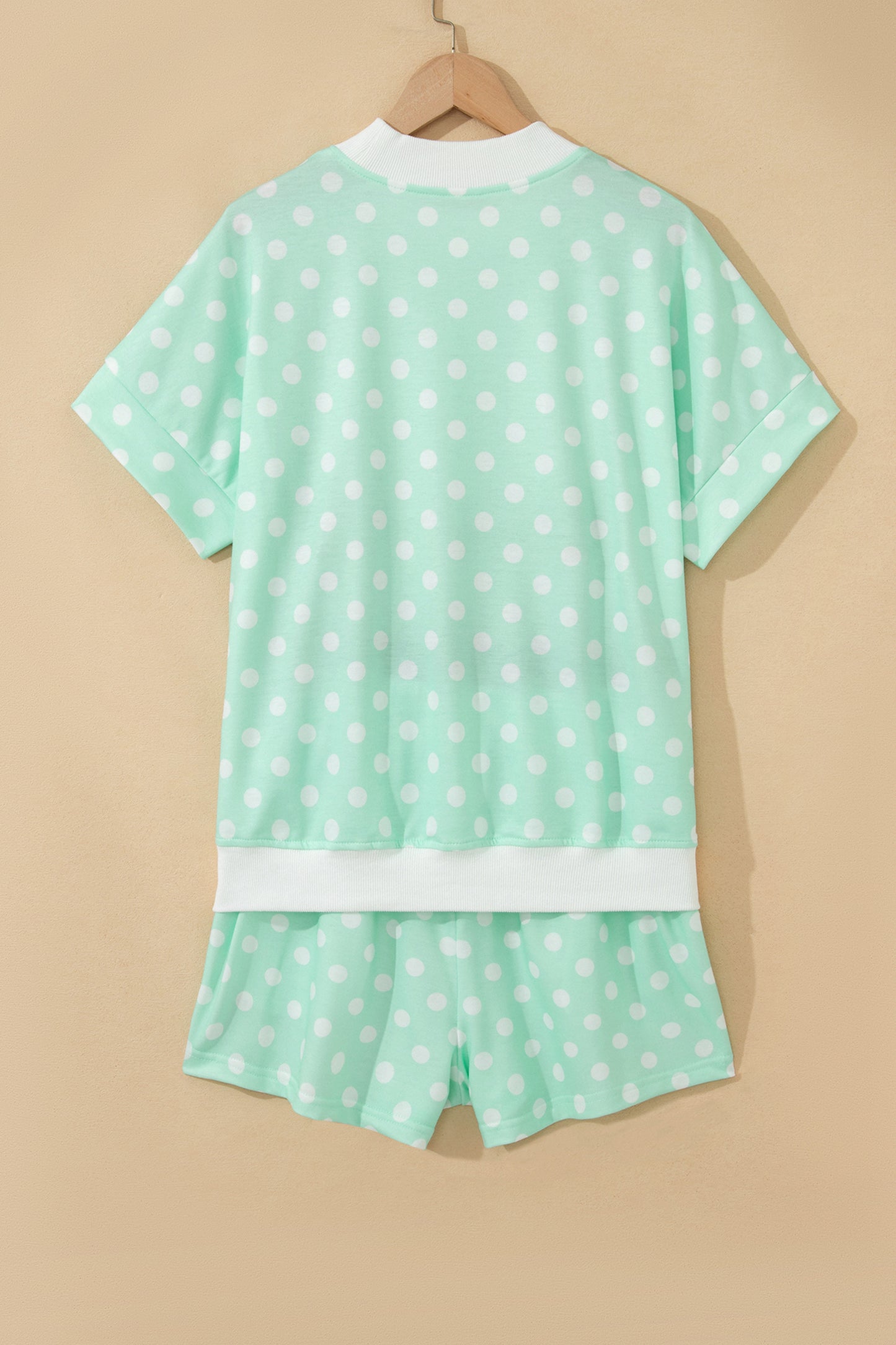 Polka Dot Print Color Block Trim Mock Neck Short Set