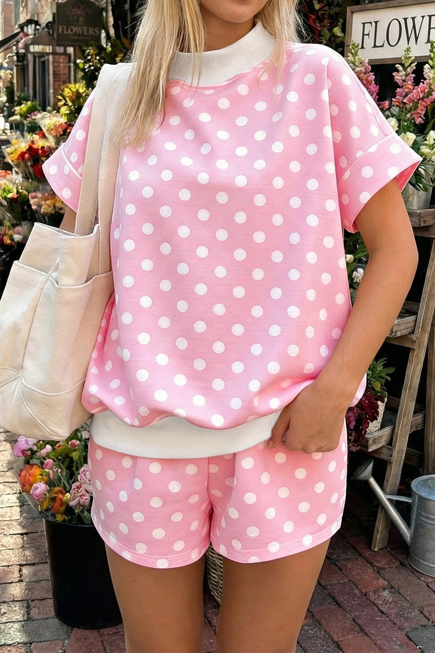 Polka Dot Print Color Block Trim Mock Neck Short Set