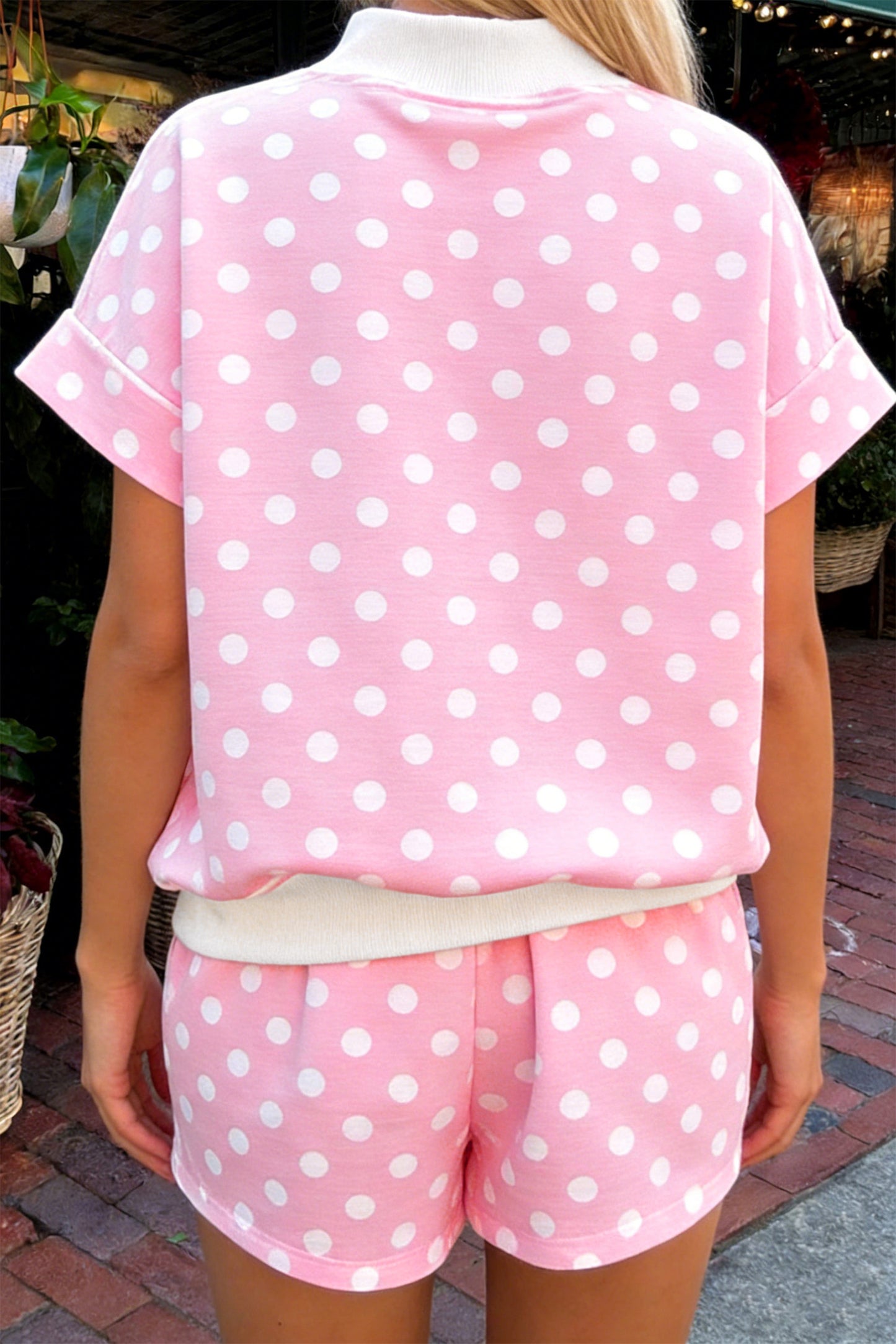 Polka Dot Print Color Block Trim Mock Neck Short Set