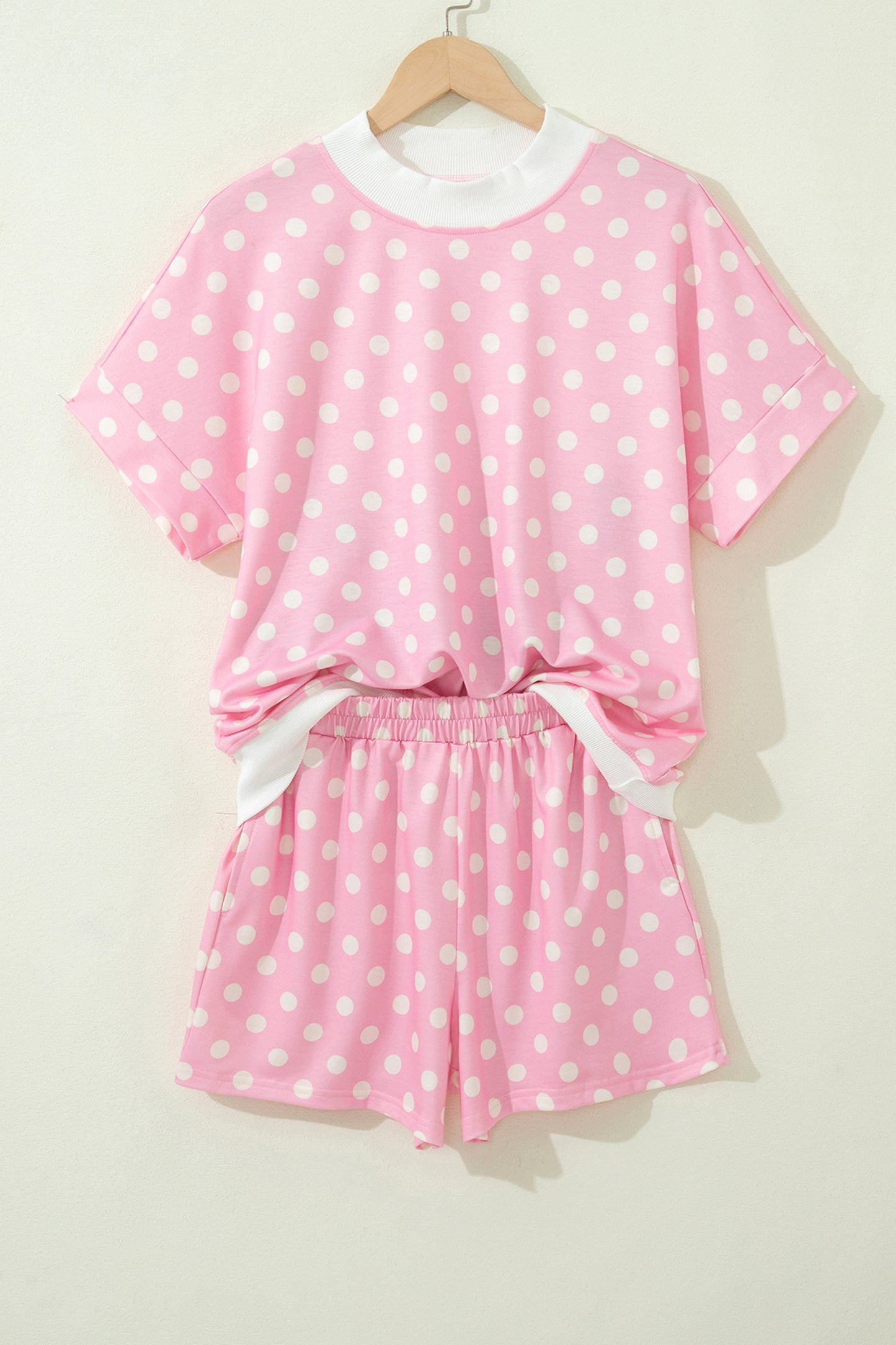 Polka Dot Print Color Block Trim Mock Neck Short Set