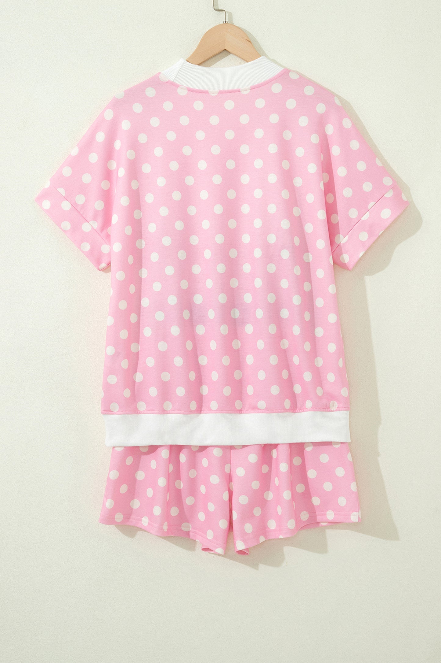 Polka Dot Print Color Block Trim Mock Neck Short Set
