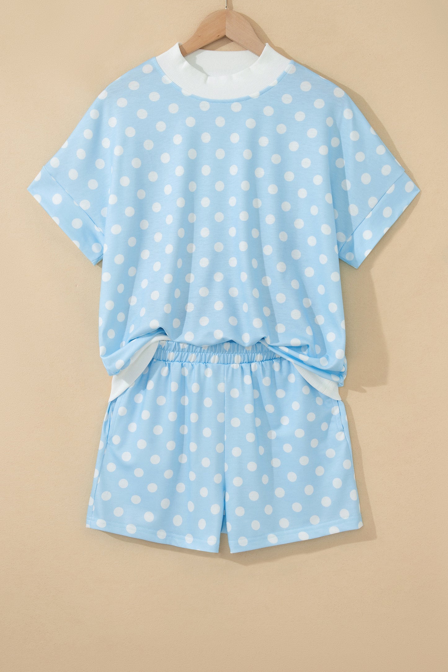 Polka Dot Print Color Block Trim Mock Neck Short Set
