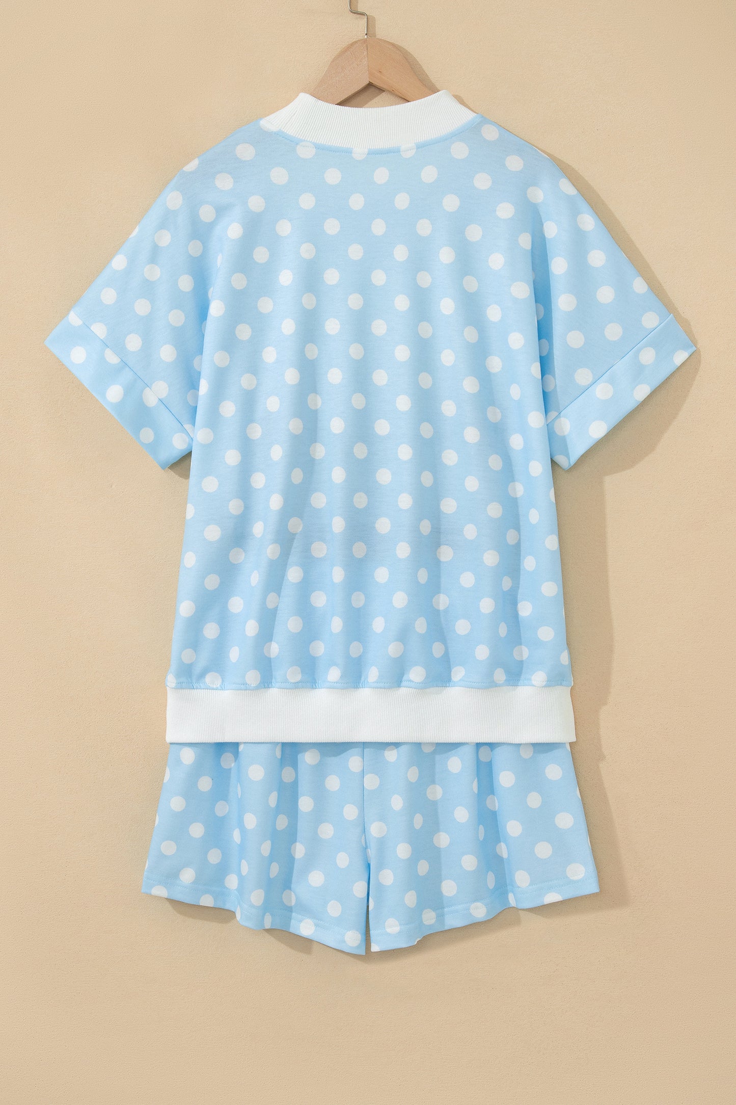 Polka Dot Print Color Block Trim Mock Neck Short Set