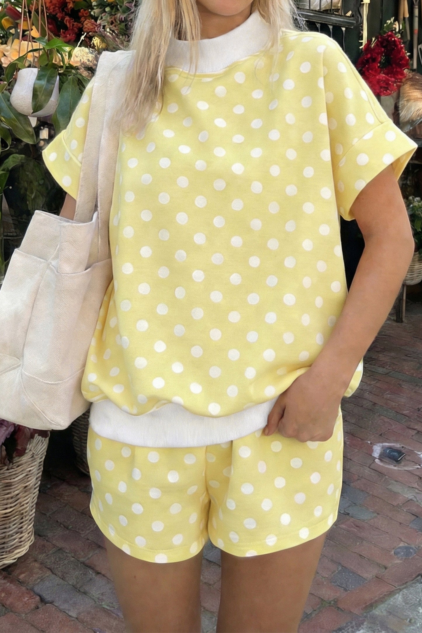 Polka Dot Print Color Block Trim Mock Neck Short Set