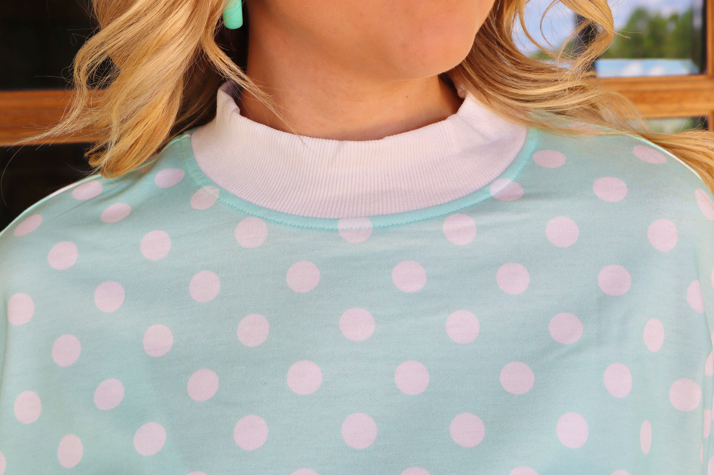 Polka Dot Print Color Block Trim Mock Neck Short Set