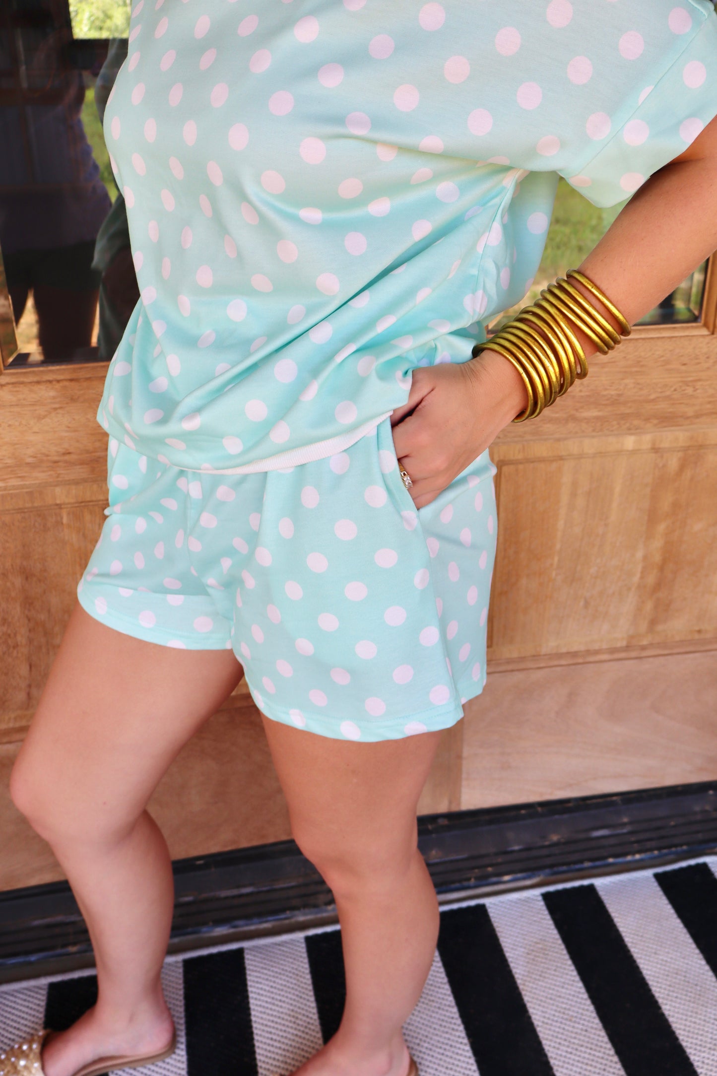 Polka Dot Print Color Block Trim Mock Neck Short Set