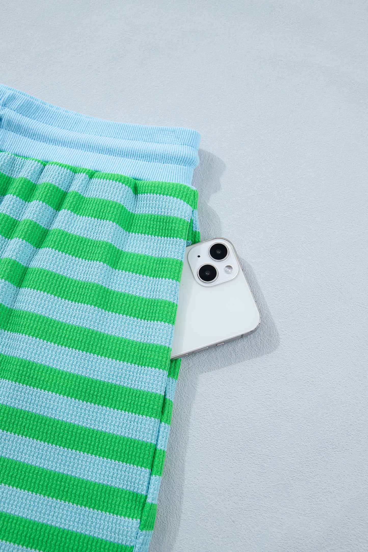 Modern Grace green stripe puff short sleeve T-shirt and matching shorts set, two-piece summer outfit for women.
