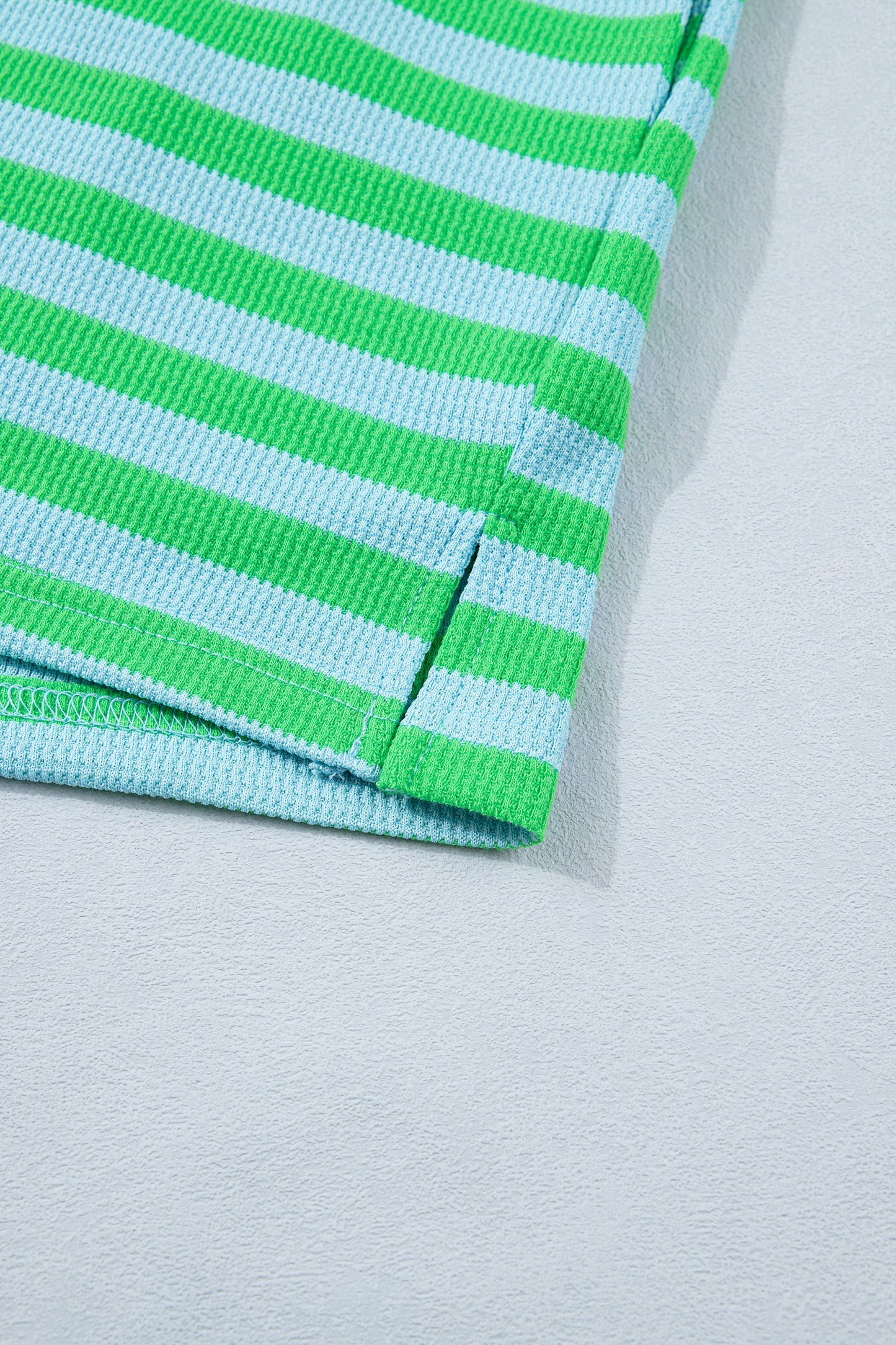 Modern Grace green stripe puff short sleeve T-shirt and matching shorts set, two-piece summer outfit for women.