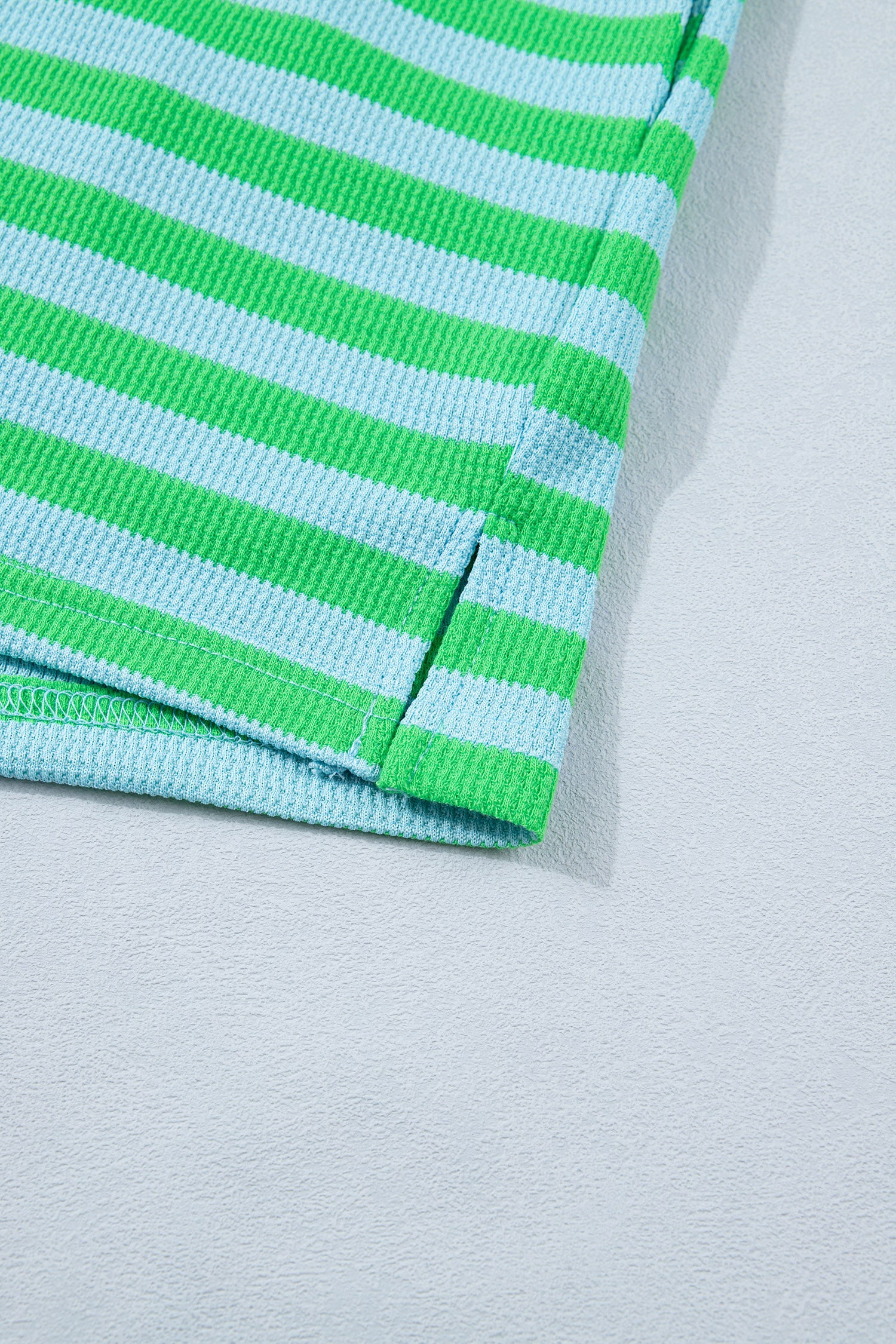 Modern Grace green stripe puff short sleeve T-shirt and matching shorts set, two-piece summer outfit for women.