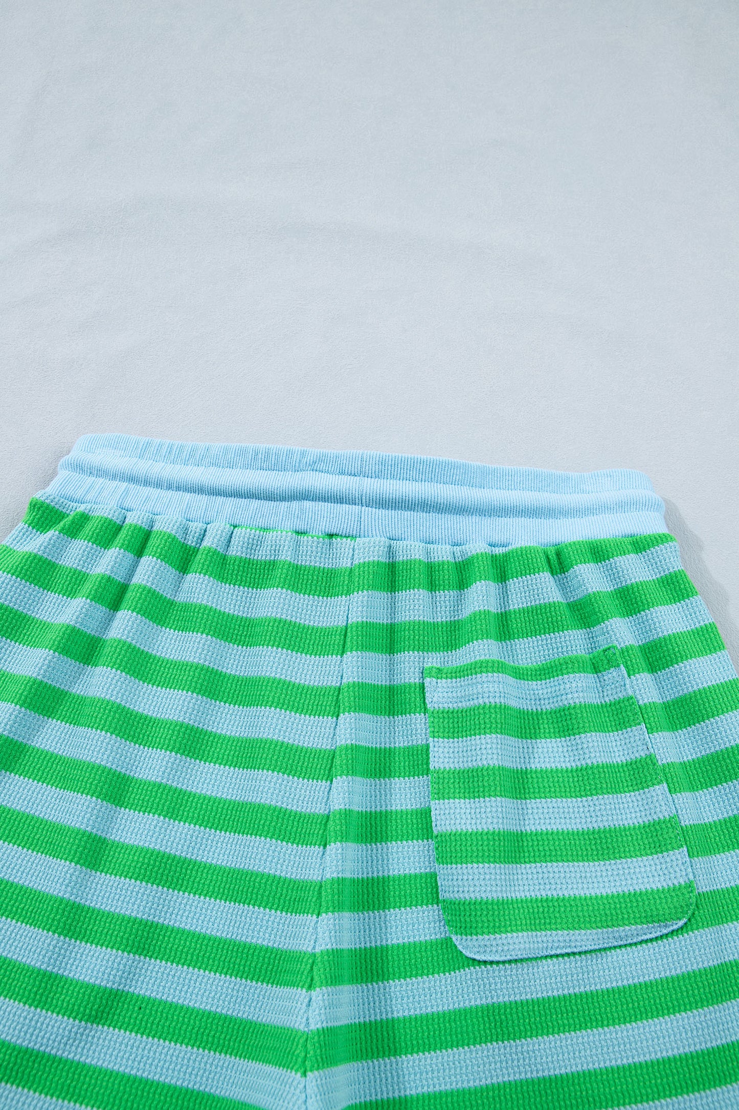 Modern Grace green stripe puff short sleeve T-shirt and matching shorts set, two-piece casual outfit for women.