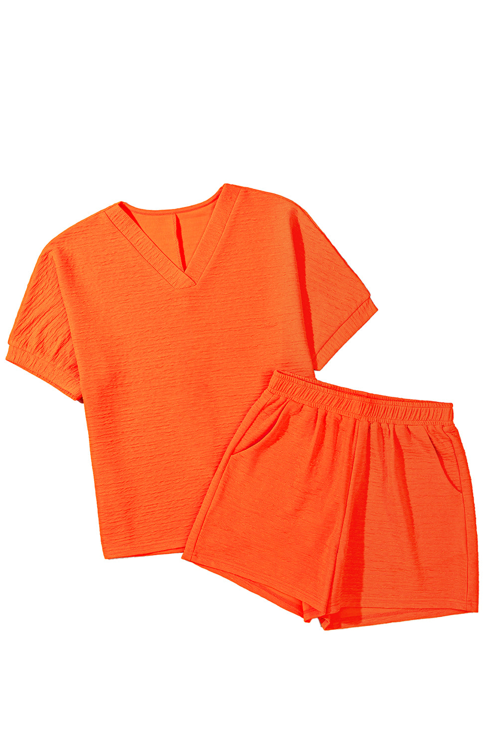 Orange textured V-neck T-shirt and shorts set by Modern Grace, casual two-piece outfit with short sleeves and relaxed fit.