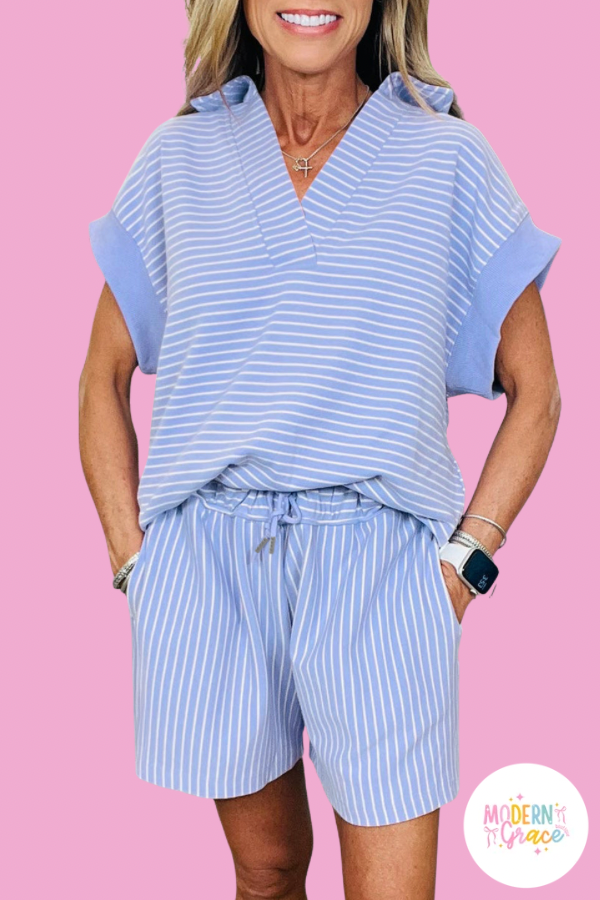 Sky Blue Stripe Dolman Sleeve Polo Shirt and Drawstring Shorts Set