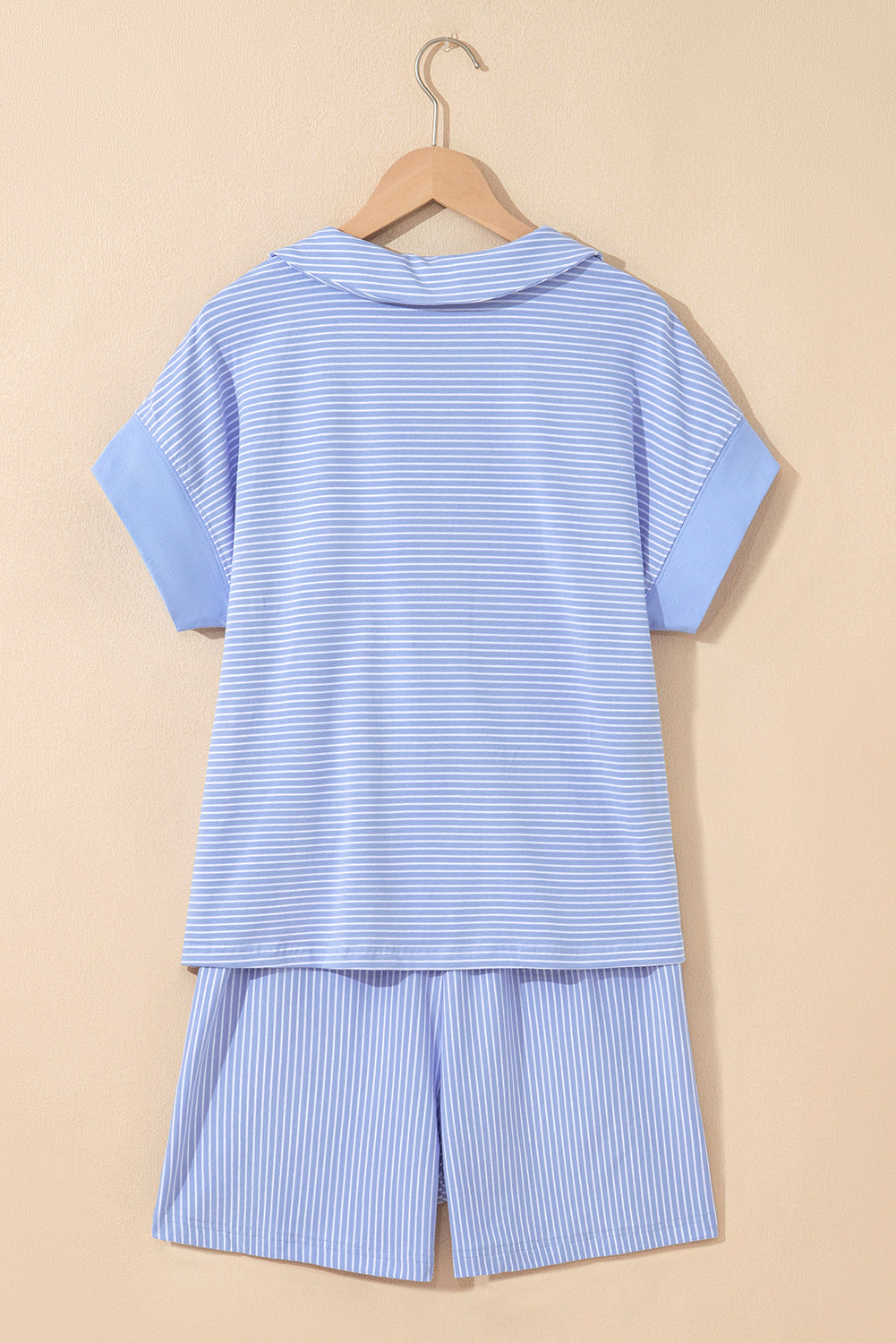 Sky blue stripe dolman sleeve polo shirt and drawstring shorts set by Modern Grace, casual two-piece short set with comfortable fabric.