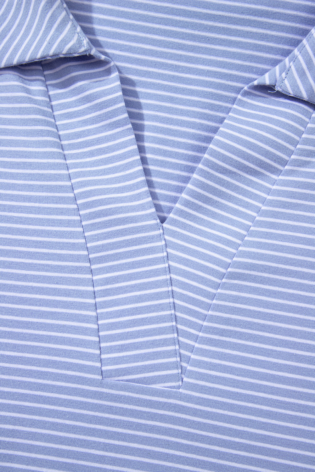 Sky blue stripe dolman sleeve polo shirt with drawstring shorts set by Modern Grace, made of cotton and elastane, casual two-piece outfit.