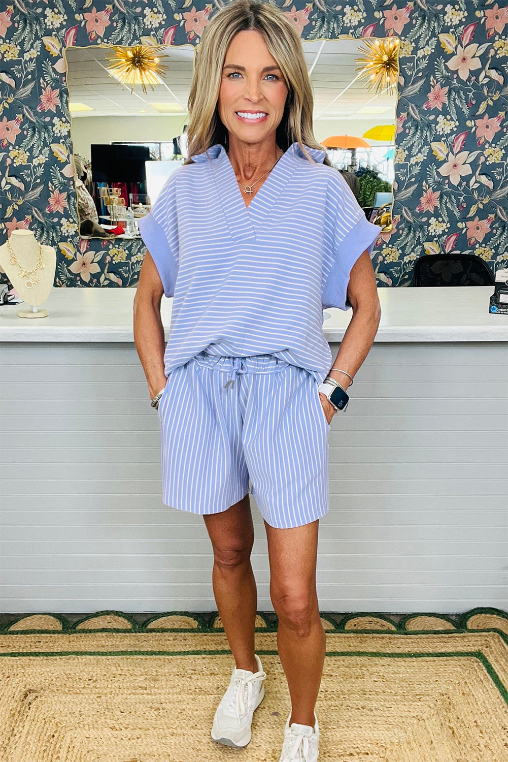 Sky blue stripe dolman sleeve polo shirt and drawstring shorts set by Modern Grace, two-piece cotton-elastane casual summer outfit.