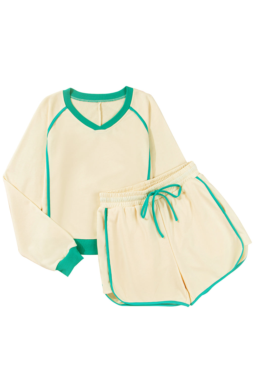 Modern Grace colorblock long sleeve pullover and drawstring shorts 2-piece set, white polyester-cotton fabric, casual style.