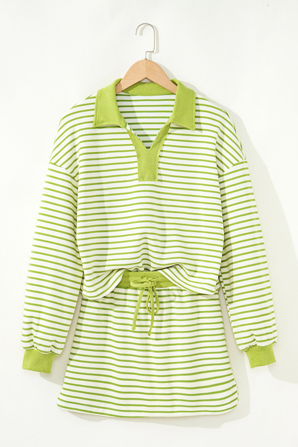 Modern Grace green stripe collared V-neck pullover and matching skort two-piece outfit, casual and stylish for everyday wear.