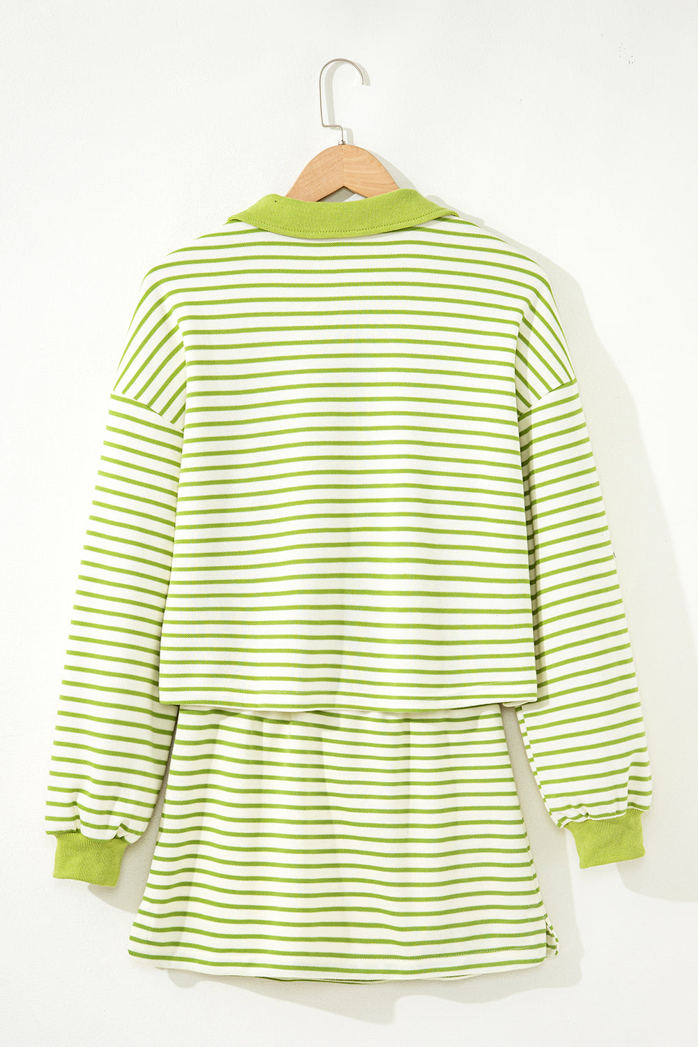 Green stripe collared V-neck pullover and matching skort from Modern Grace, casual two-piece set for stylish everyday wear.