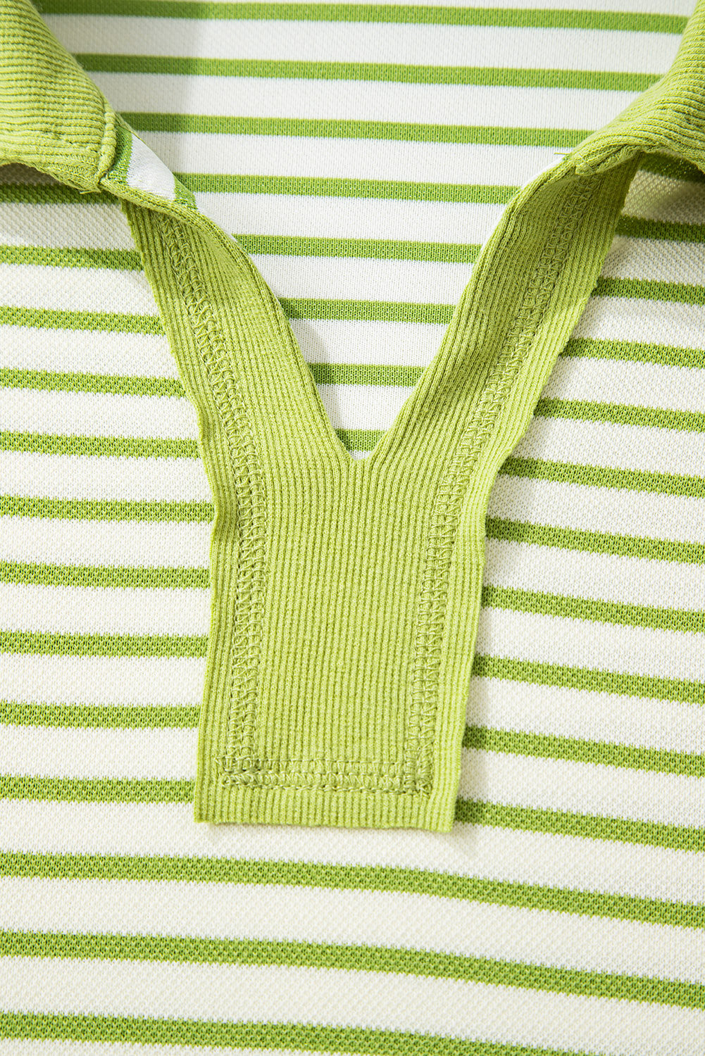Modern Grace green stripe collared V-neck pullover and matching skort two-piece set, casual drop shoulder outfit, warehouse exclusive.