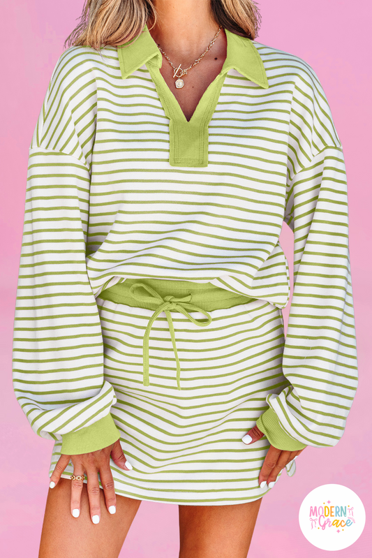 Green stripe collared V-neck pullover and matching skort from Modern Grace two-piece set, casual drop shoulder design, warehouse exclusive.