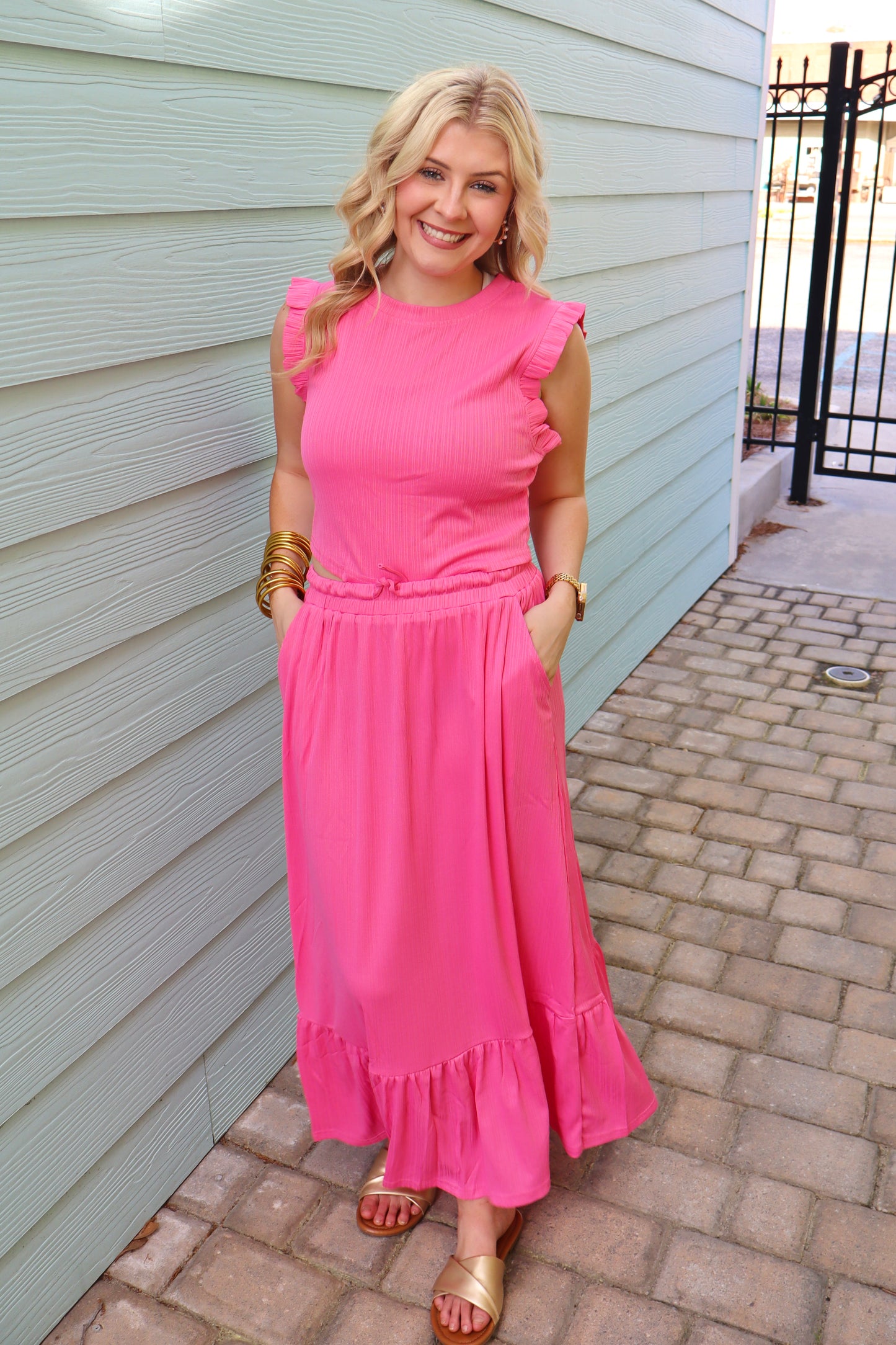 Pink Textured Ruffle Trim Crop Top  Lace-up Long Skirt Set