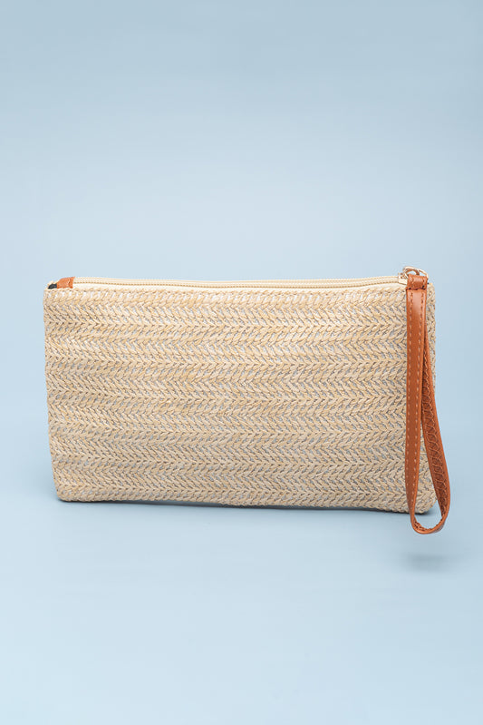 Beige coastal straw zip wallet from Modern Grace, stylish accessory with woven straw design and compact wallet features.