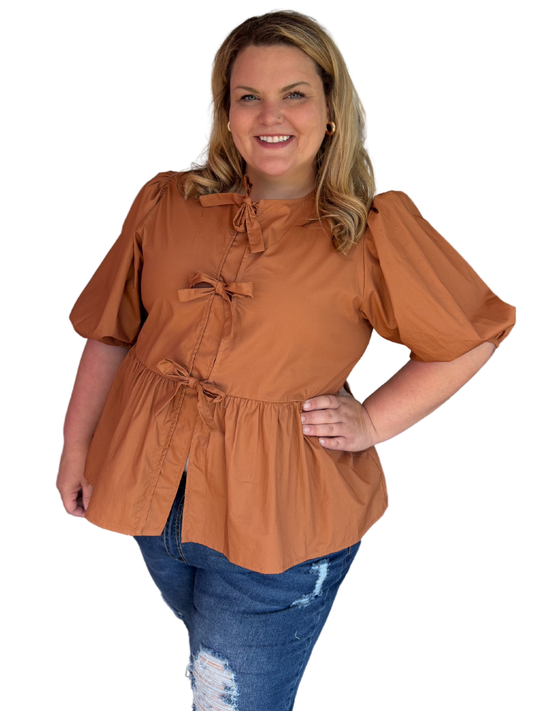 Plus size Modern Grace chestnut cotton poplin blouse with front tie ribbon, stylish and comfortable plus size top for everyday wear.