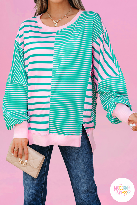 Green Stripe Mix Pattern Color Block Patchwork Side Slit Baggy Sweatshirt (Warehouse Exclusives-Online Only)