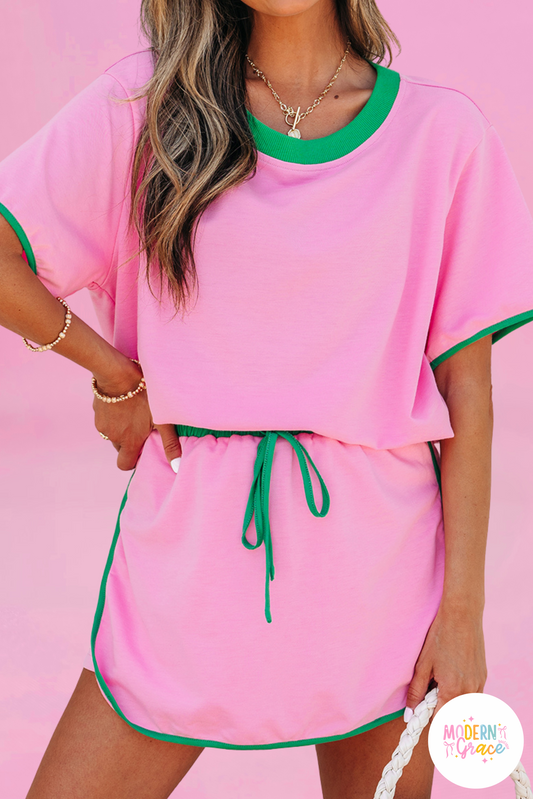 Bonbon Colorblock Edge Drop Shoulder T Shirt and Skort 2Pcs Set (Warehouse Exclusives-Online Only)