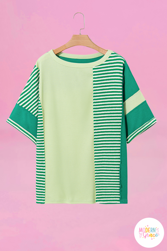 Curvy Green Stripe Patchwork Colorblock T Shirt